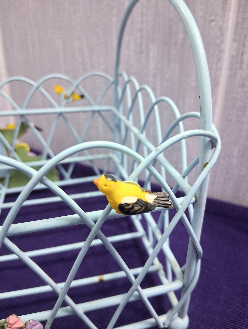Vintage Whimsical Birdbath Basket With Bird Decorations Light Blue Metal - Picture 5 of 12